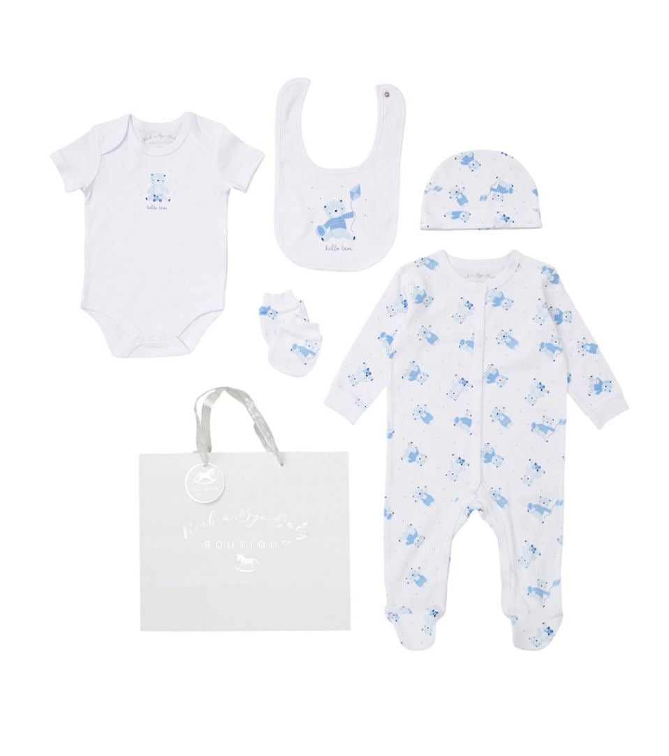 Blue & White “Hello Bear” 5pc Layette Set