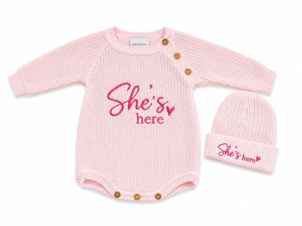 Baby Girl She’s Here Romper & Hat Set