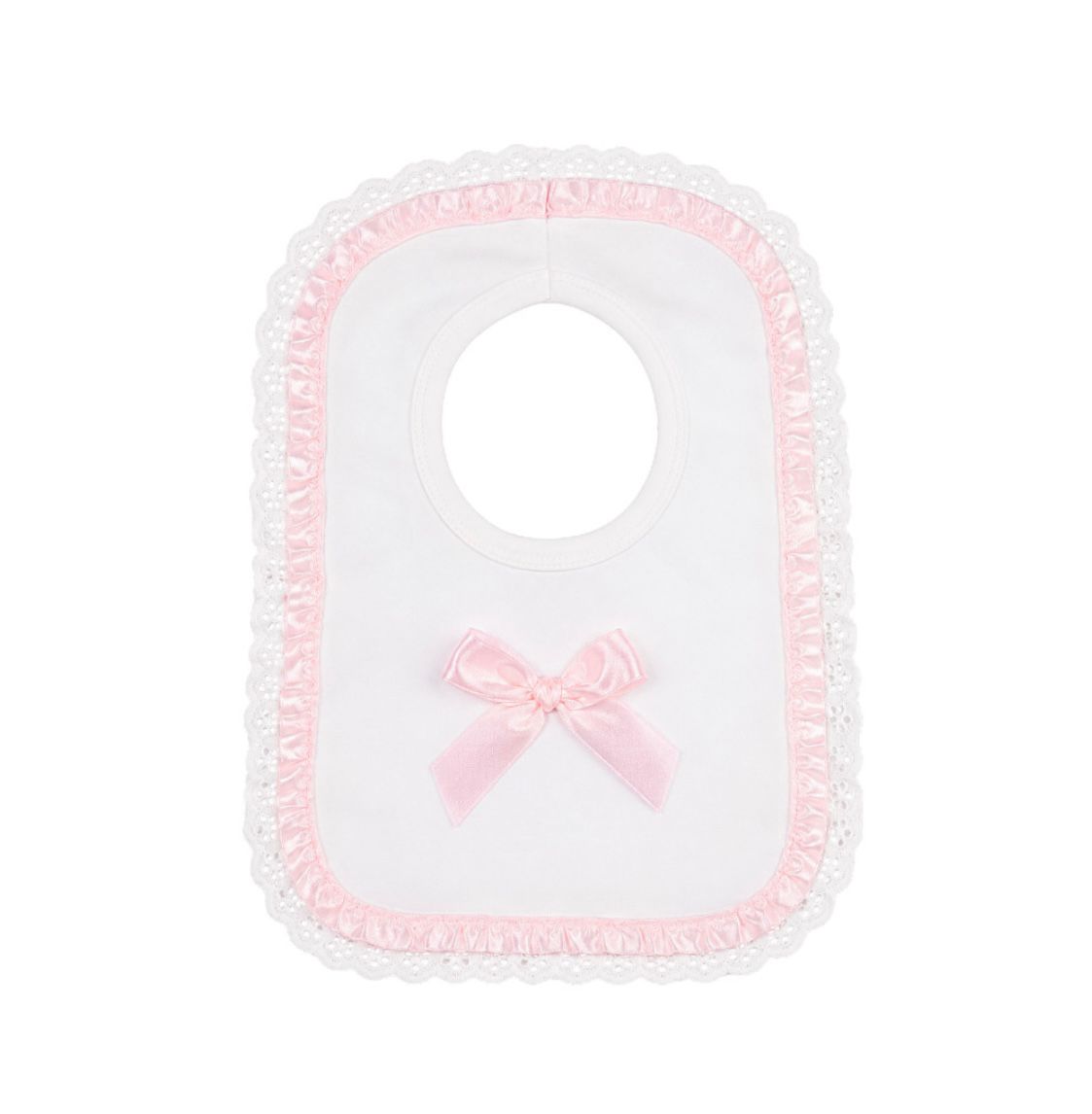 White & Pink Satin Bow & Frill Bib