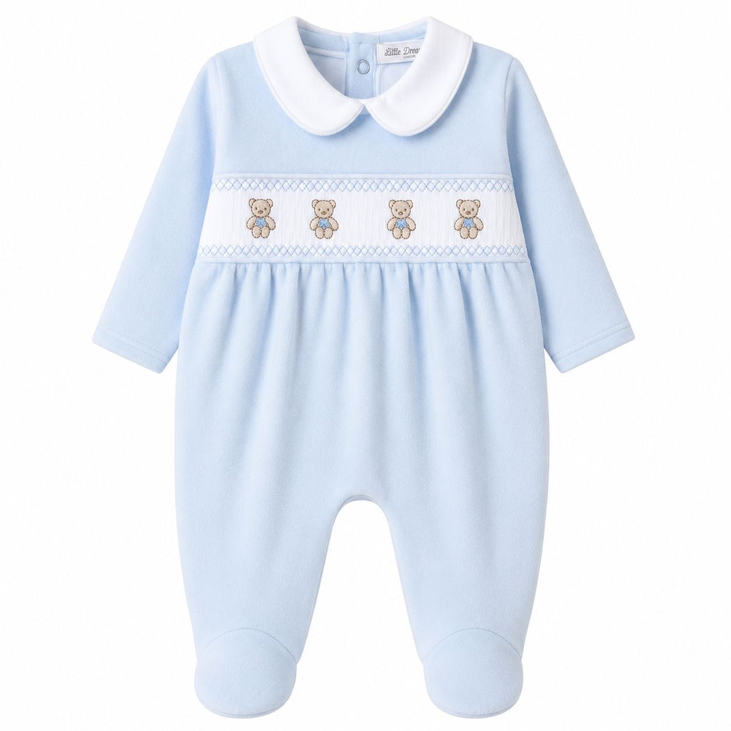 Baby Boy Velour Smocked Teddy Bear Sleepsuit