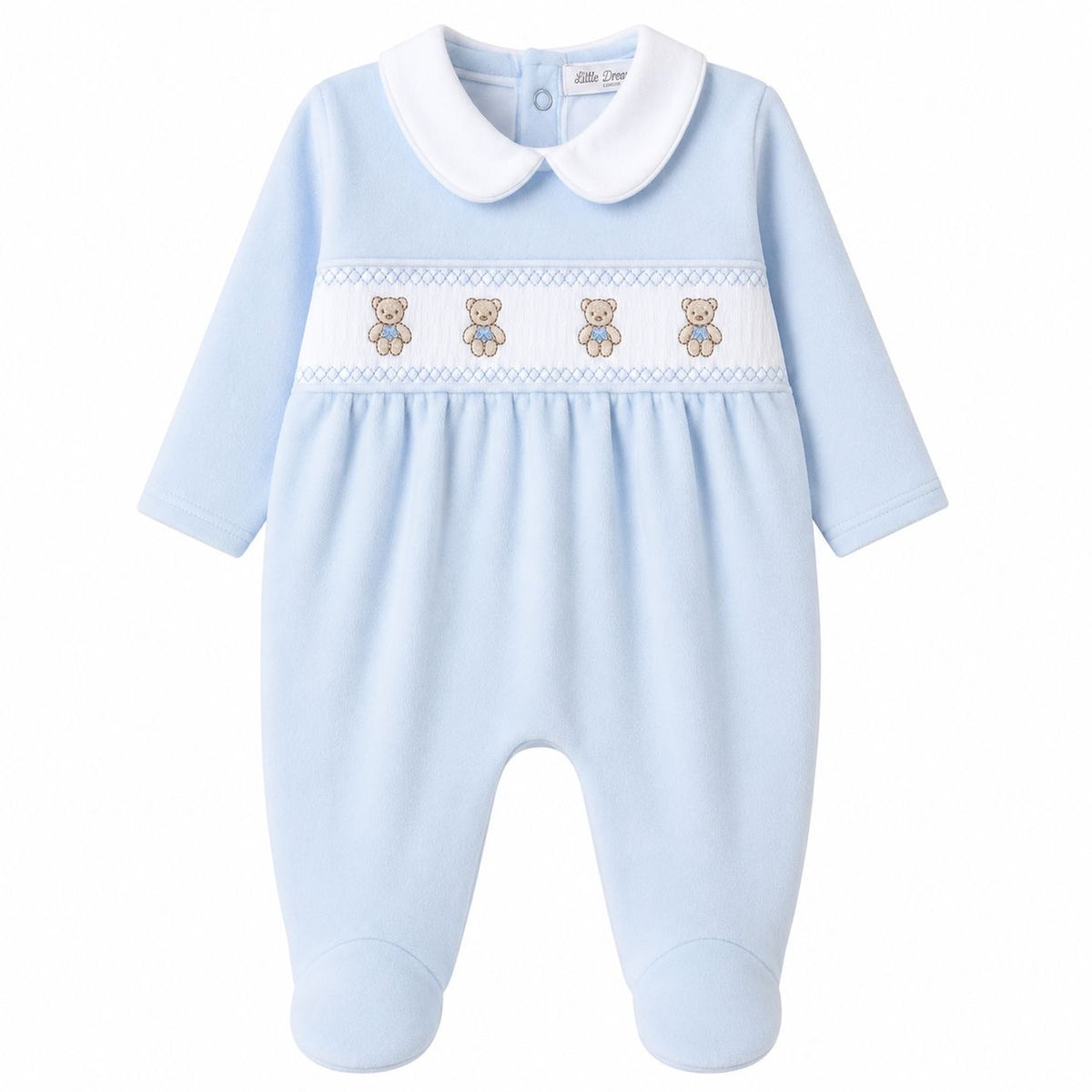Baby Boy Velour Smocked Teddy Bear Sleepsuit