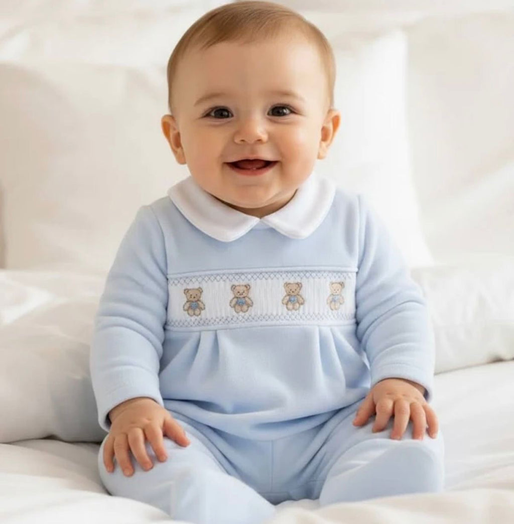 Baby Boy Velour Smocked Teddy Bear Sleepsuit