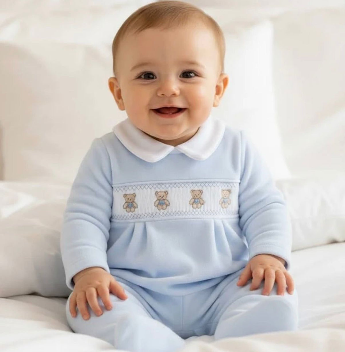 Baby Boy Velour Smocked Teddy Bear Sleepsuit