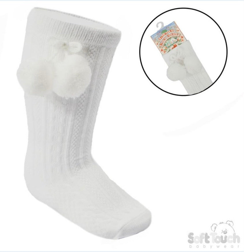 White Knee High PomPom socks