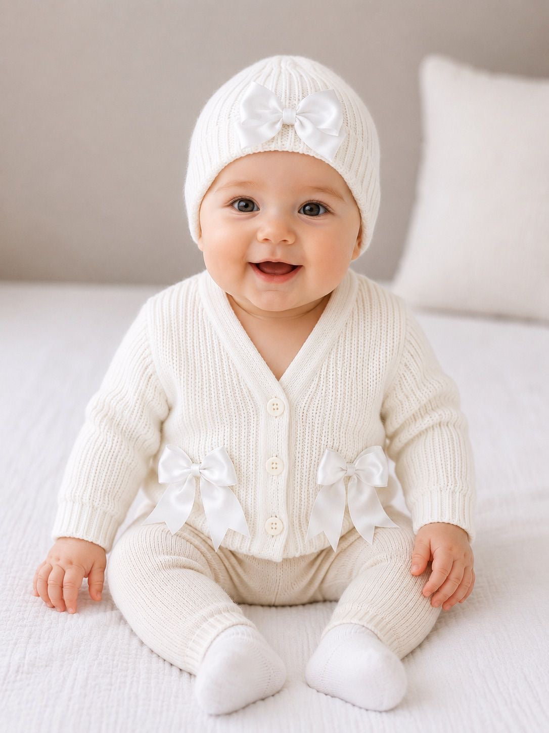 Baby Girl Satin Bow Cardigan & Hat Set
