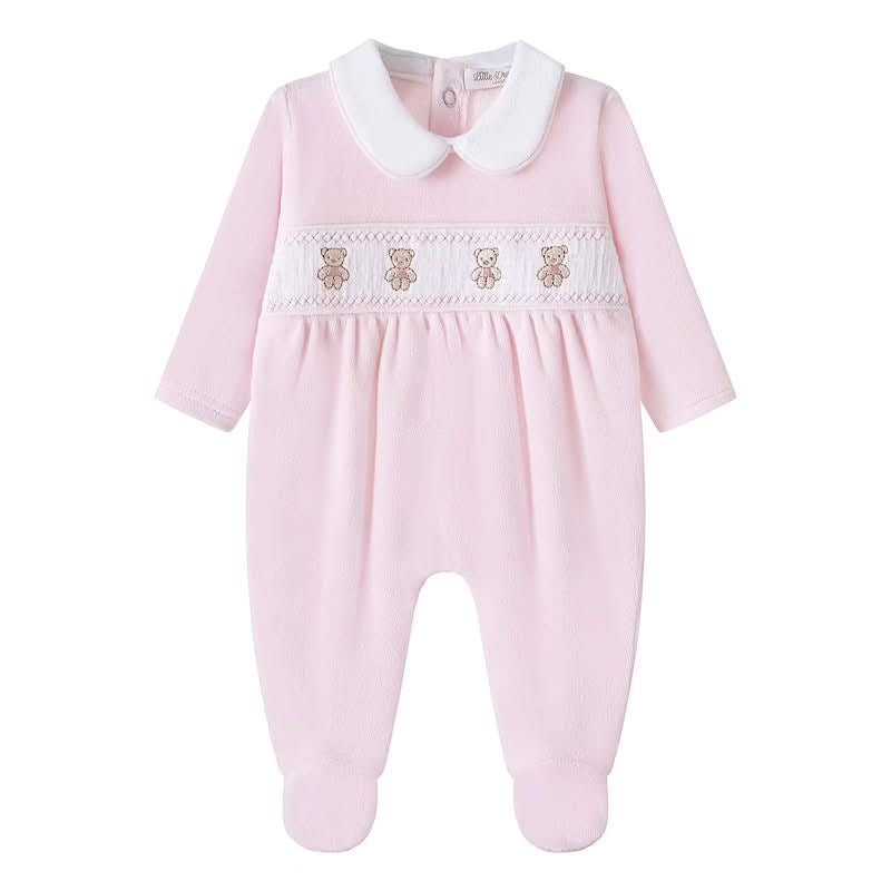 Baby Girl Velour Smocked Teddy Bear Sleepsuit