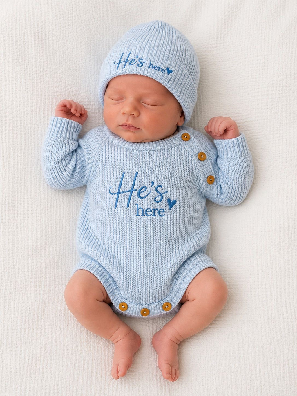 Baby Boy He’s Here Romper & Hat Set