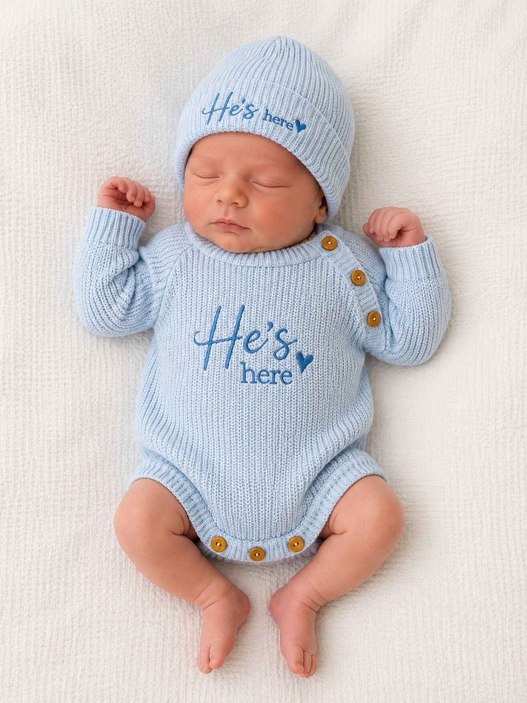 Baby Boy He’s Here Romper & Hat Set