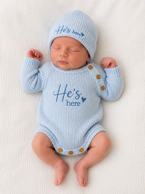 Baby Boy He’s Here Romper & Hat Set