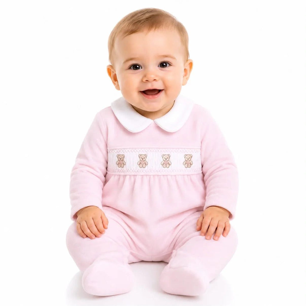 Baby Girl Velour Smocked Teddy Bear Sleepsuit