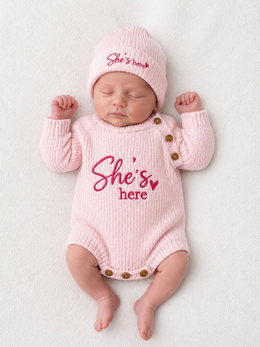 Baby Girl She’s Here Romper & Hat Set