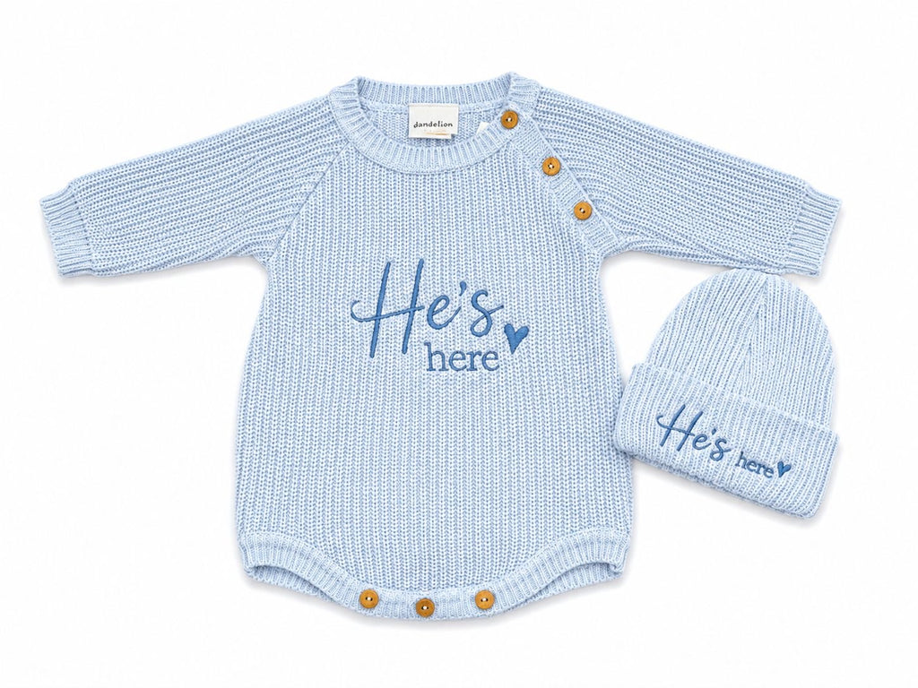Baby Boy He’s Here Romper & Hat Set